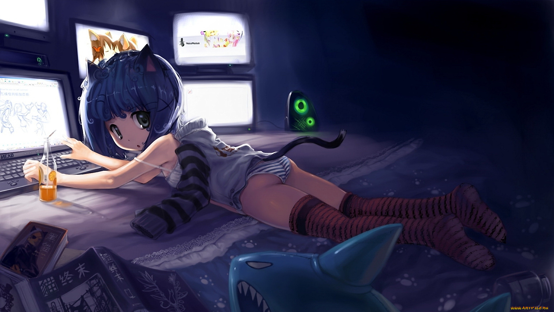 аниме, animals, компьютер, catgirl.